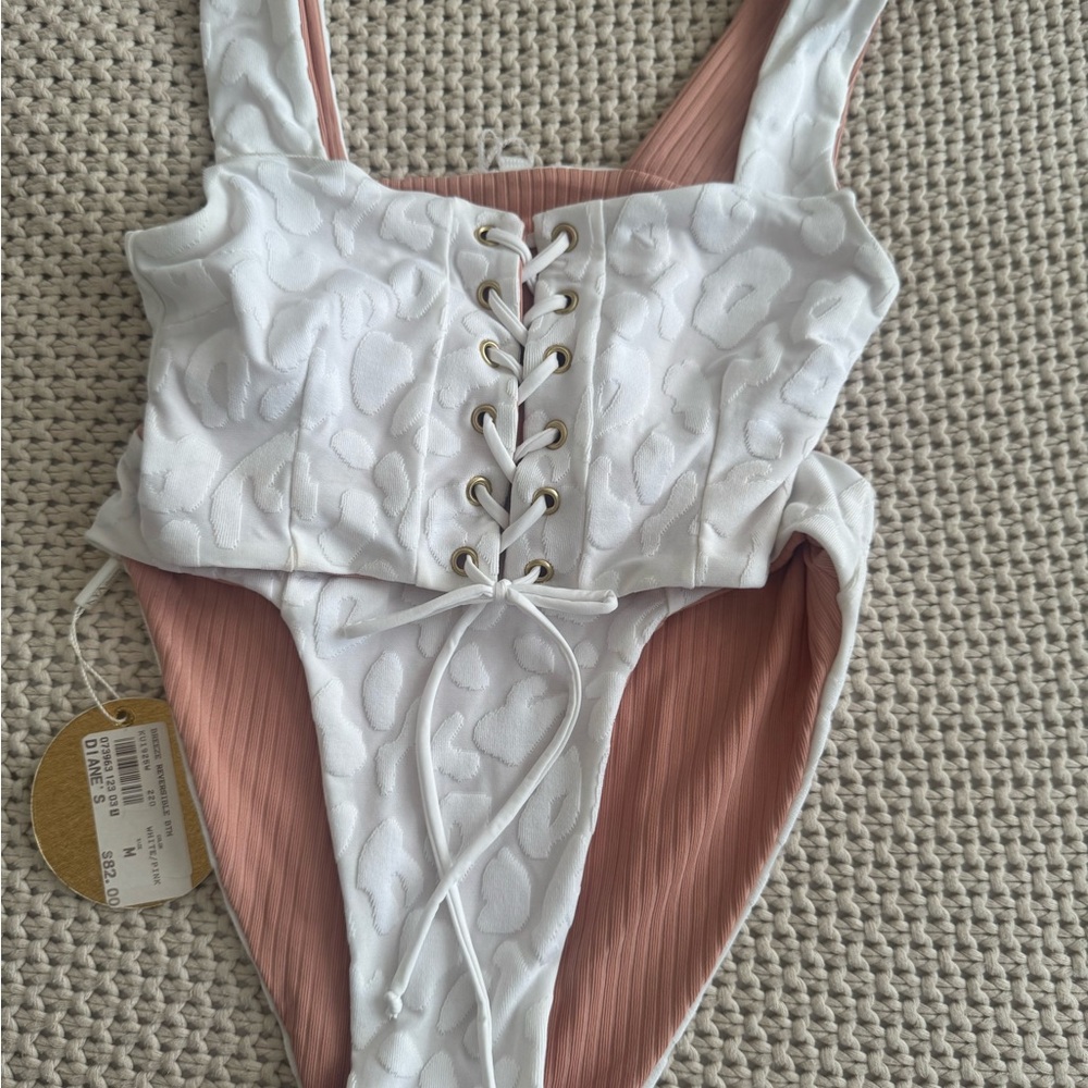 Frankie's Bikinis White and Pink Lace-Up Bikini